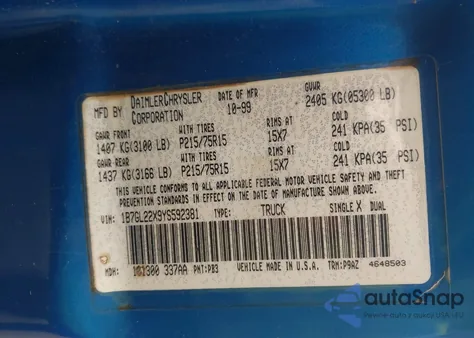 2000 Dodge Dakota Slt/Sport из США, поврежденный, VIN 1B7GL22X9YS592381